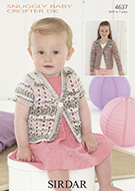 Sirdar 4637 Cardigans knit for newborn to 7 years in Double Knitting (#3) weight yarn. Sirdar Snuggly Baby Crofter DK